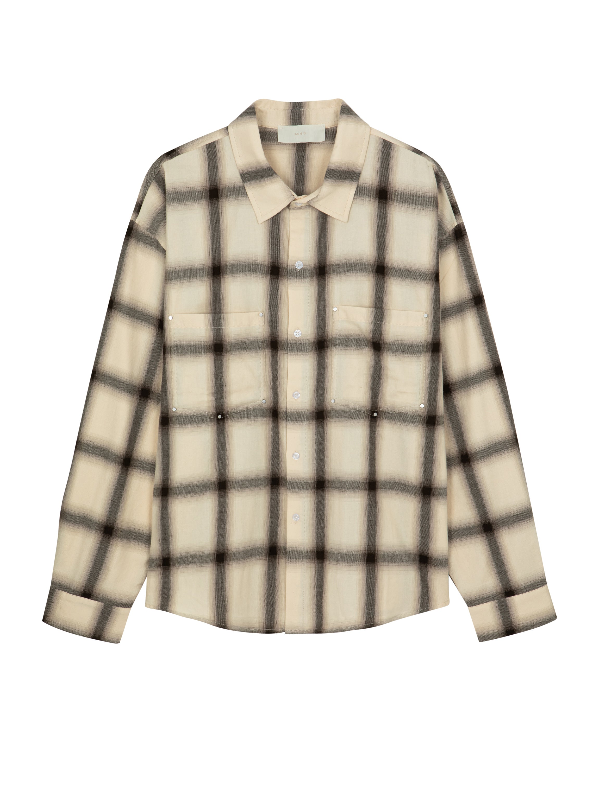 Men's beige and brown checked plaid long-sleeve oversized overshirt with front pockets