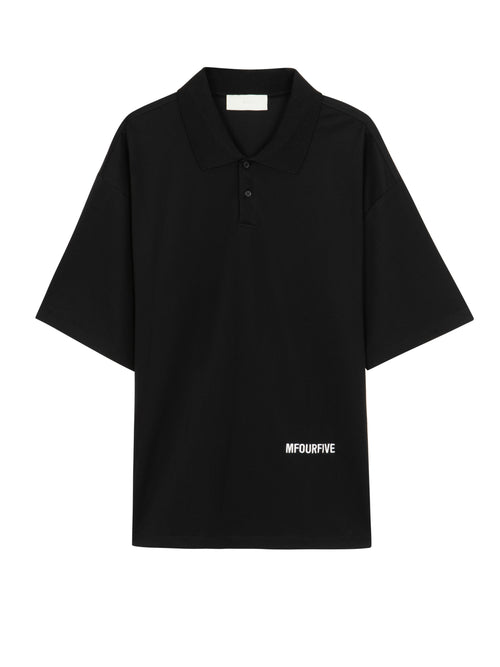 Men's black short-sleeve oversized polo shirt with minimal logo print