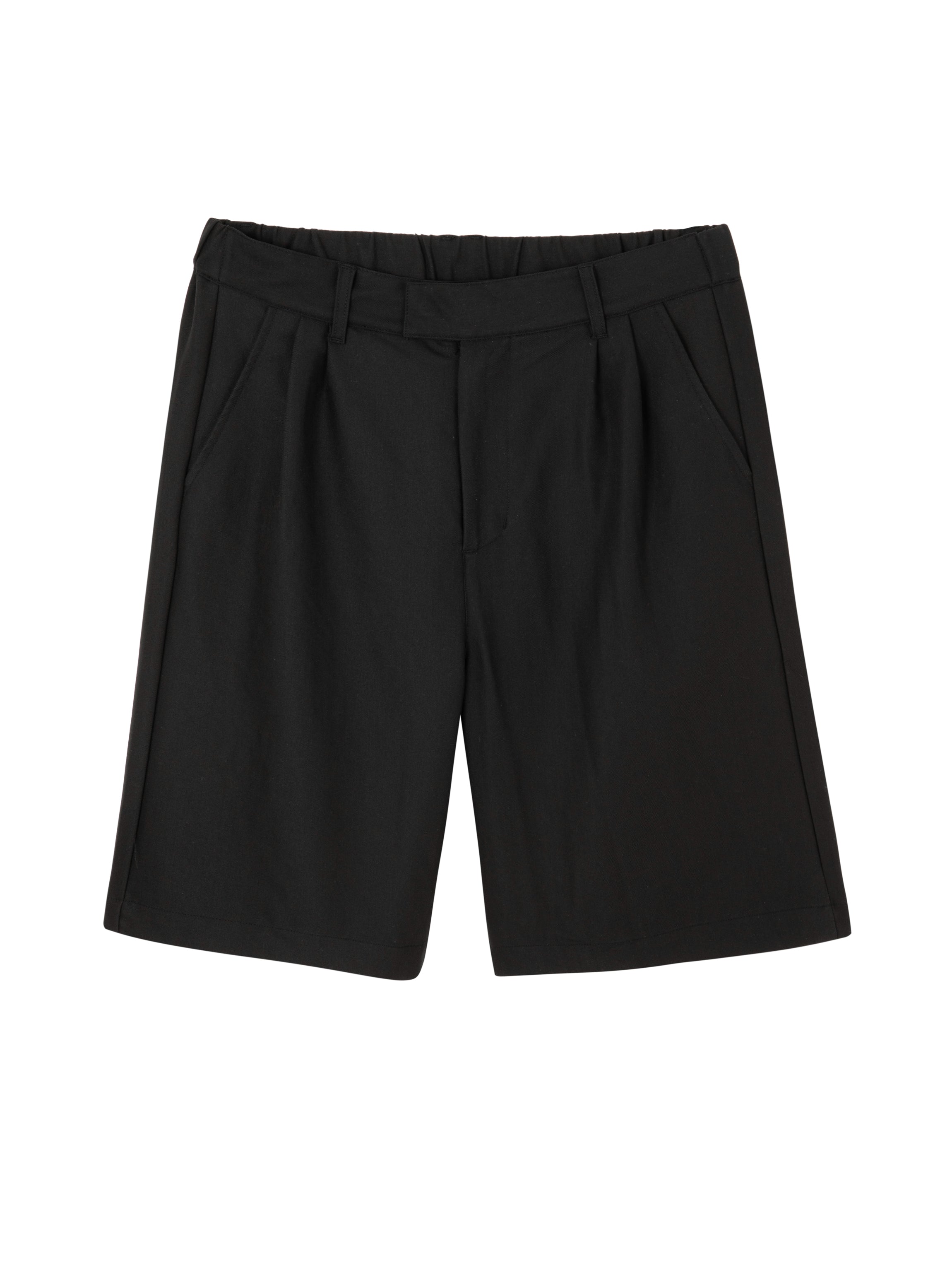 Men's black pleated tailored shorts with elastic waistband and side pockets