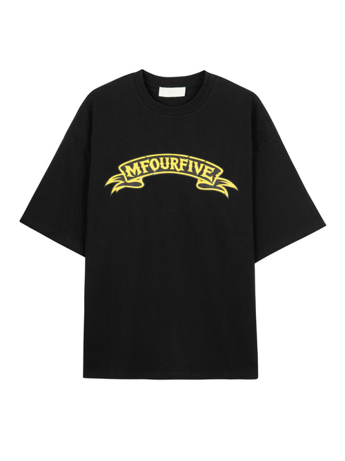 Men's black oversized crewneck t-shirt with a yellow banner ribbon graphic print