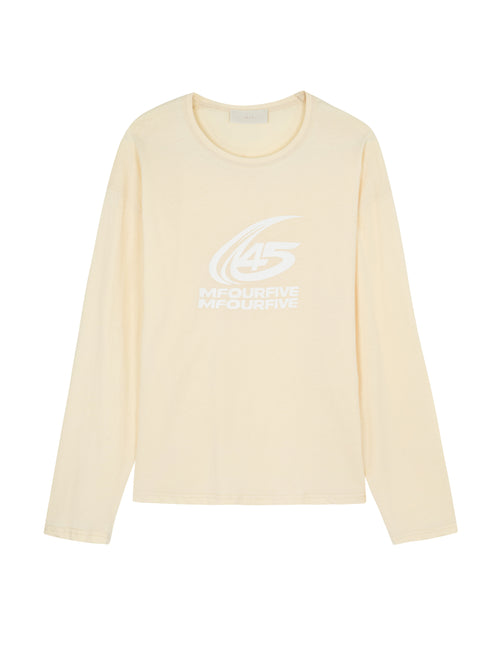 Men's cream long-sleeve t-shirt with centered white 45 logo print