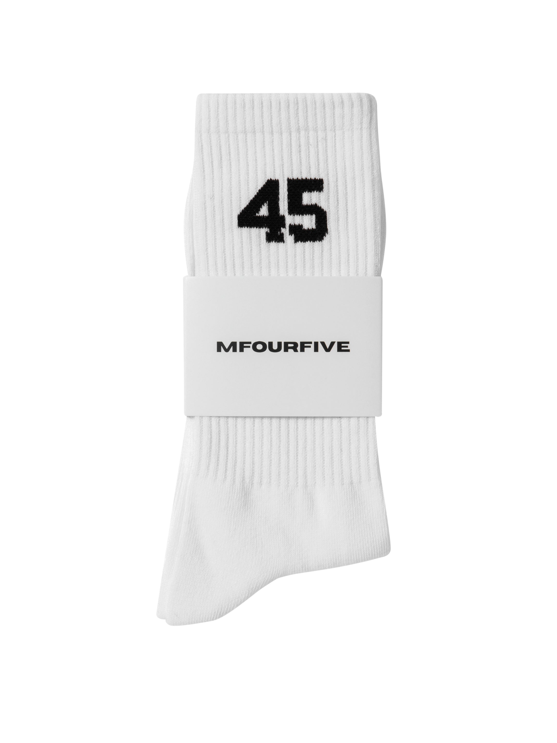 White Mfourfive ribbed crew socks folded with a branded packaging sleeve, featuring a black 45 logo on the fron