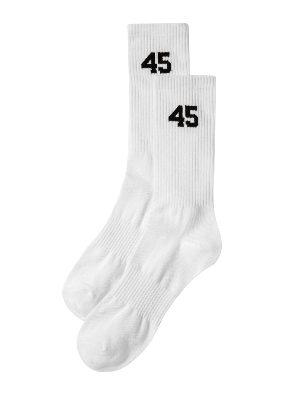 A pair of white Mfourfive ribbed crew socks laid flat, displaying the black 45 logo on the upper ankle.