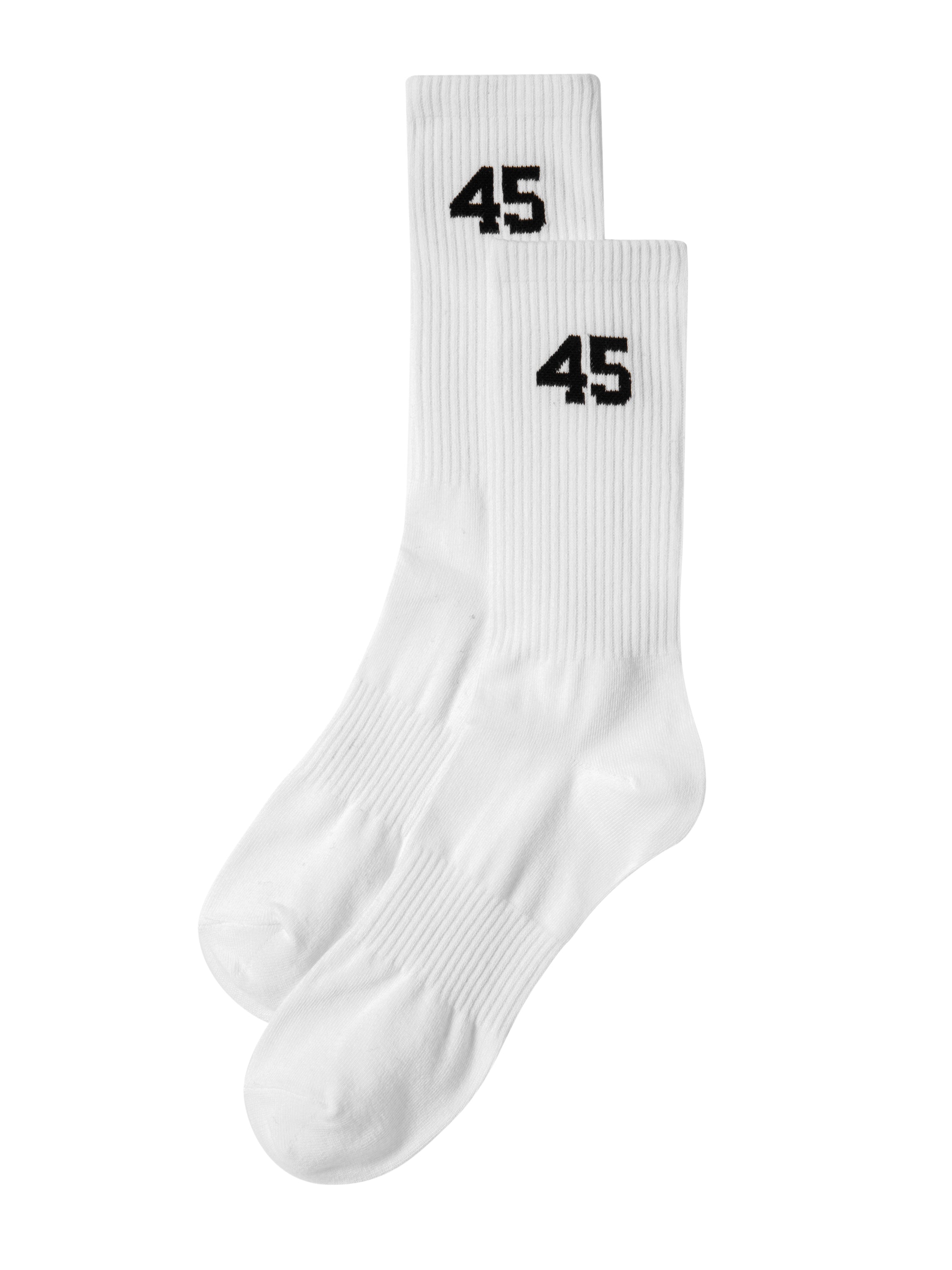 A pair of white Mfourfive ribbed crew socks laid flat, displaying the black 45 logo on the upper ankle.