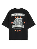 Back view of a black Mfourfive oversized t-shirt featuring a large distressed vintage collegiate graphic with the number 45, orange stars, and stacked brand logos.