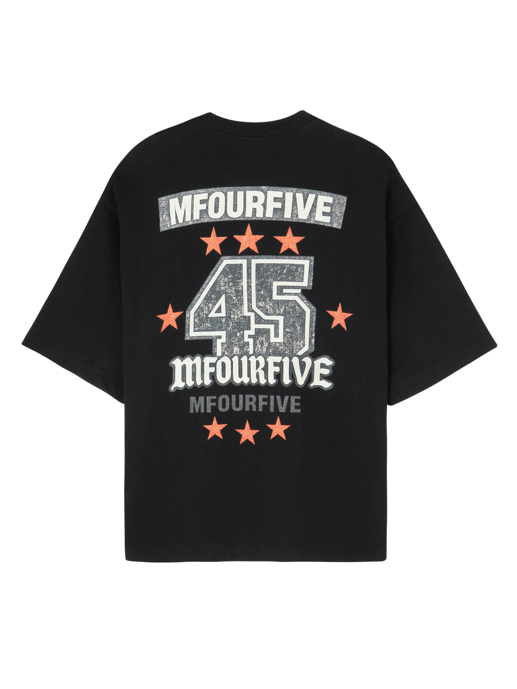 Back view of a black Mfourfive oversized t-shirt featuring a large distressed vintage collegiate graphic with the number 45, orange stars, and stacked brand logos.