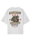 Back view of a white Mfourfive oversized t-shirt featuring a large distressed vintage collegiate graphic with the number 45, red stars, and stacked brand logos.