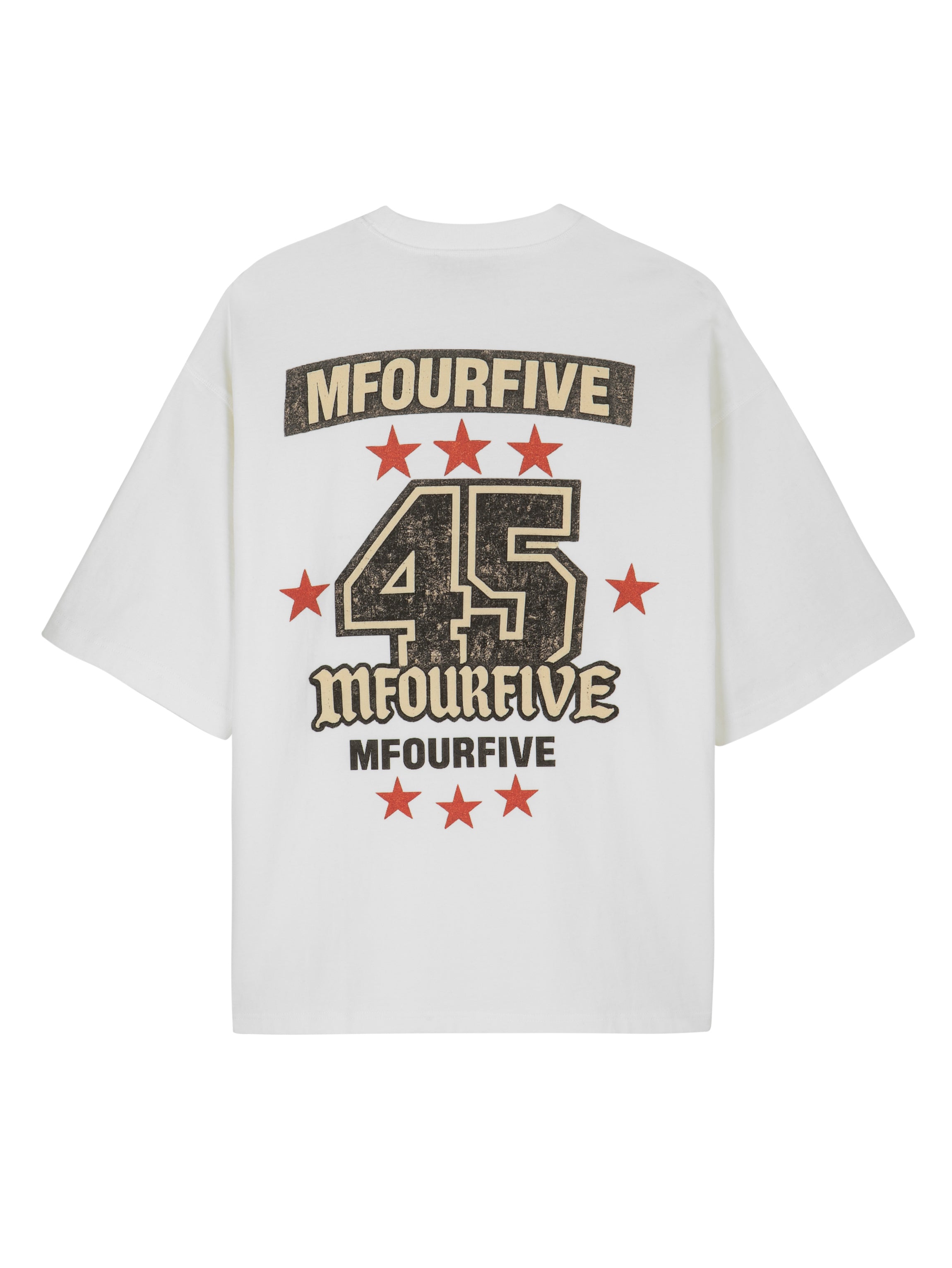 Back view of a white Mfourfive oversized t-shirt featuring a large distressed vintage collegiate graphic with the number 45, red stars, and stacked brand logos.