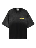 Front view of a vintage black Mfourfive oversized t-shirt with distressed detailing at the collar and a yellow arch logo on the left chest.