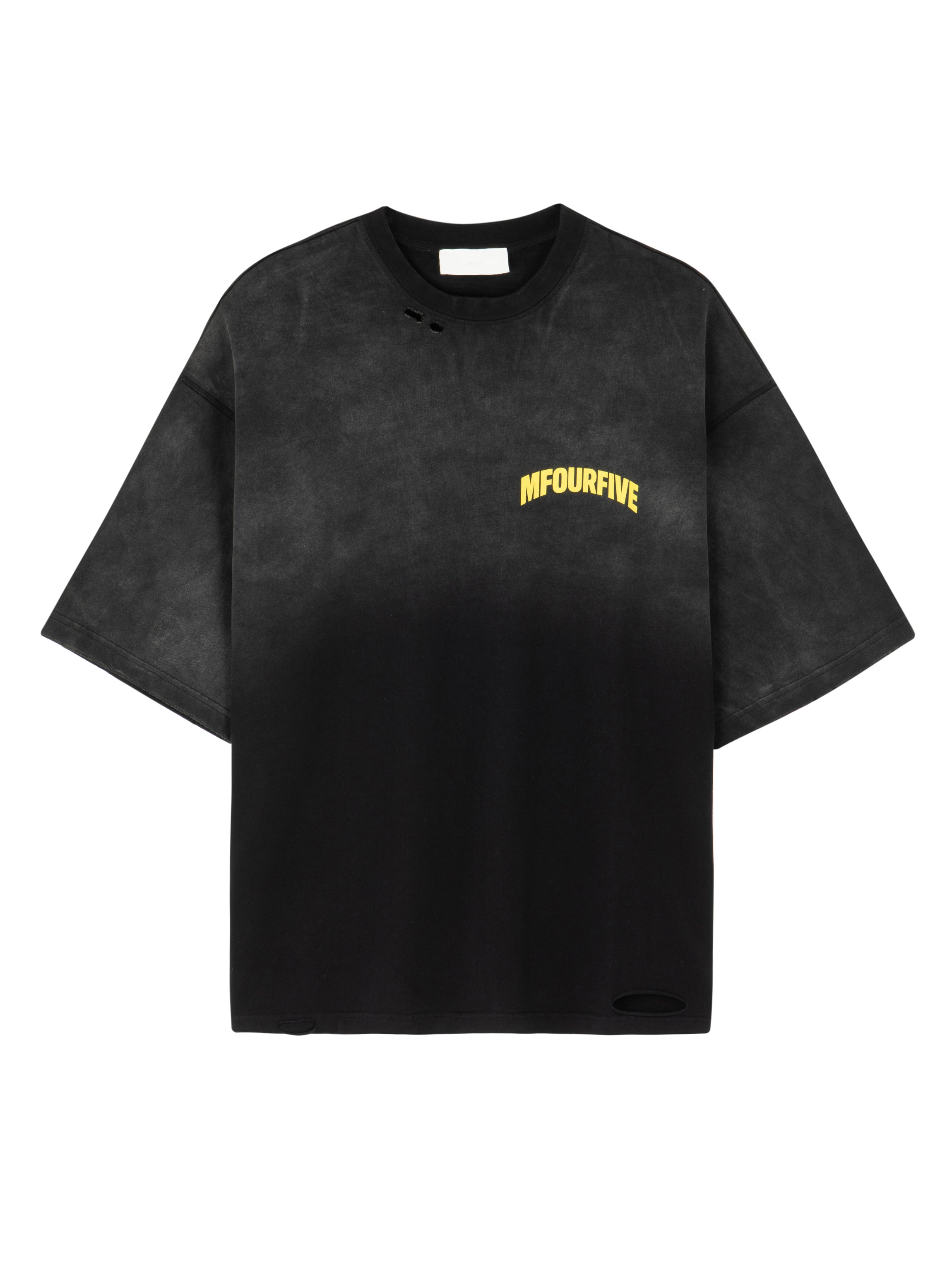 Front view of a vintage black Mfourfive oversized t-shirt with distressed detailing at the collar and a yellow arch logo on the left chest.