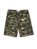 Front view of Mfourfive camouflage cargo shorts featuring frayed distressing and dual side utility pockets.