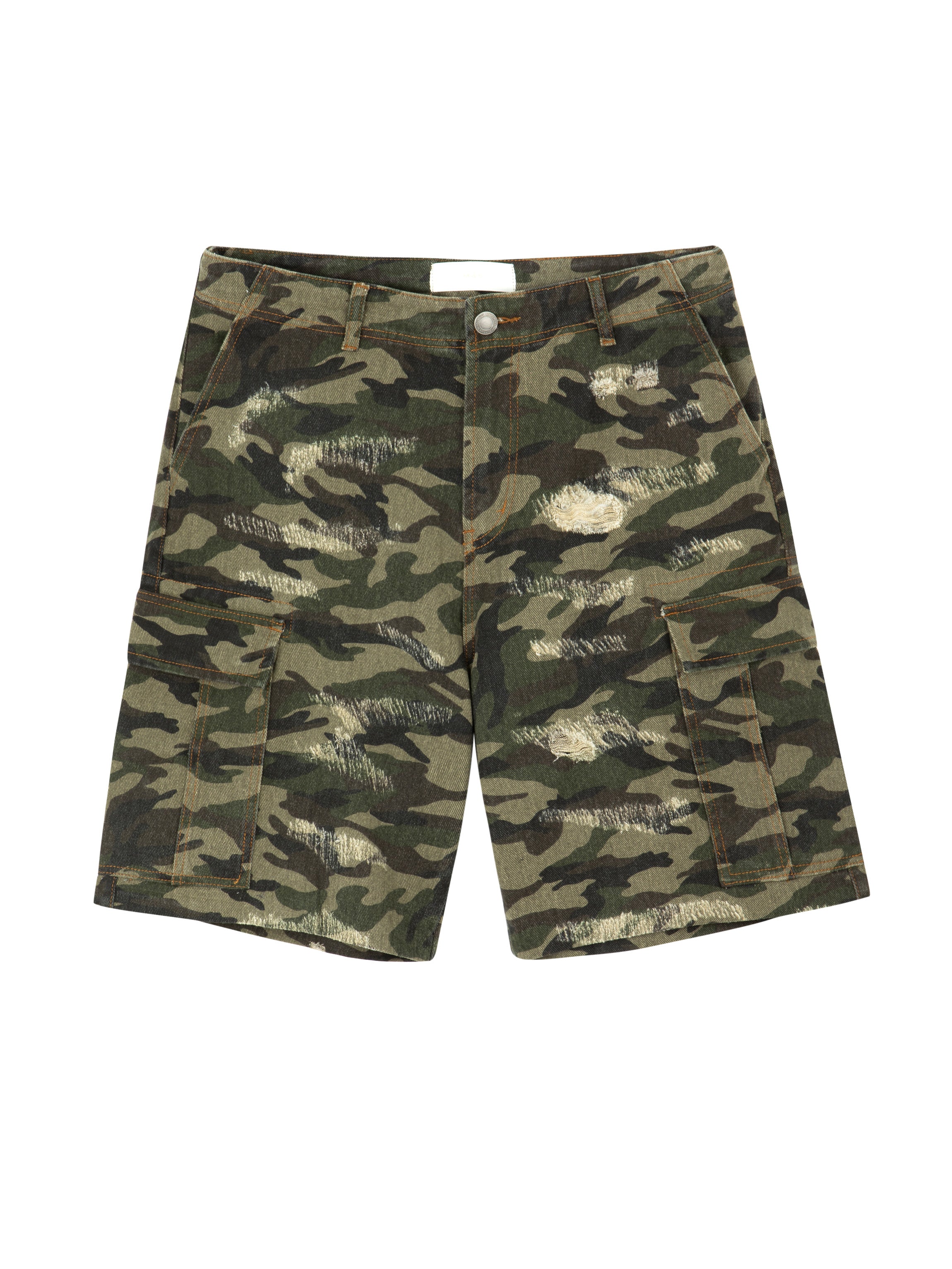 Front view of Mfourfive camouflage cargo shorts featuring frayed distressing and dual side utility pockets.