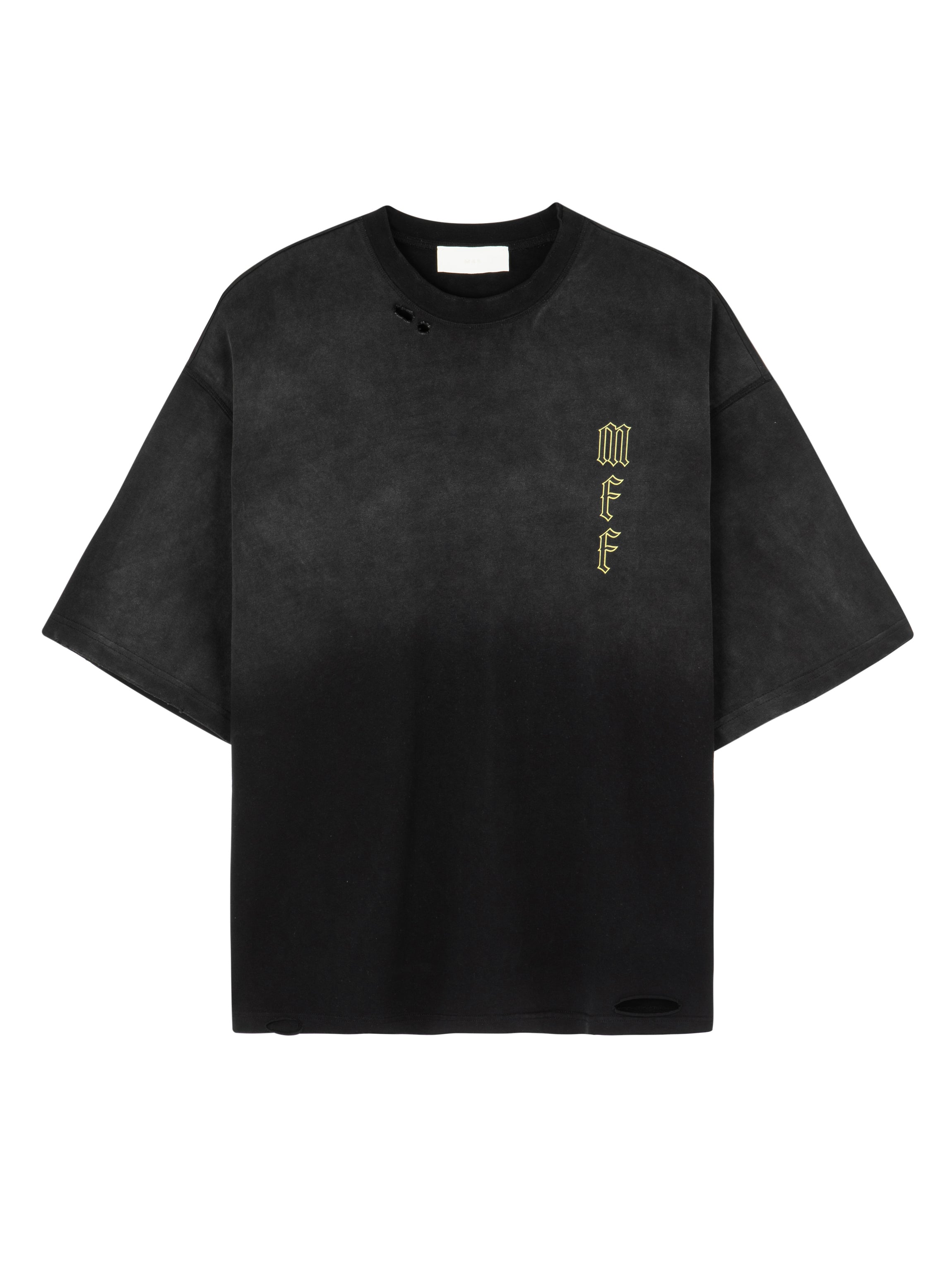 Front view of a vintage black Mfourfive oversized t-shirt featuring distressed details at the collar and hem, with a vertical yellow gothic MFF monogram on the left chest.