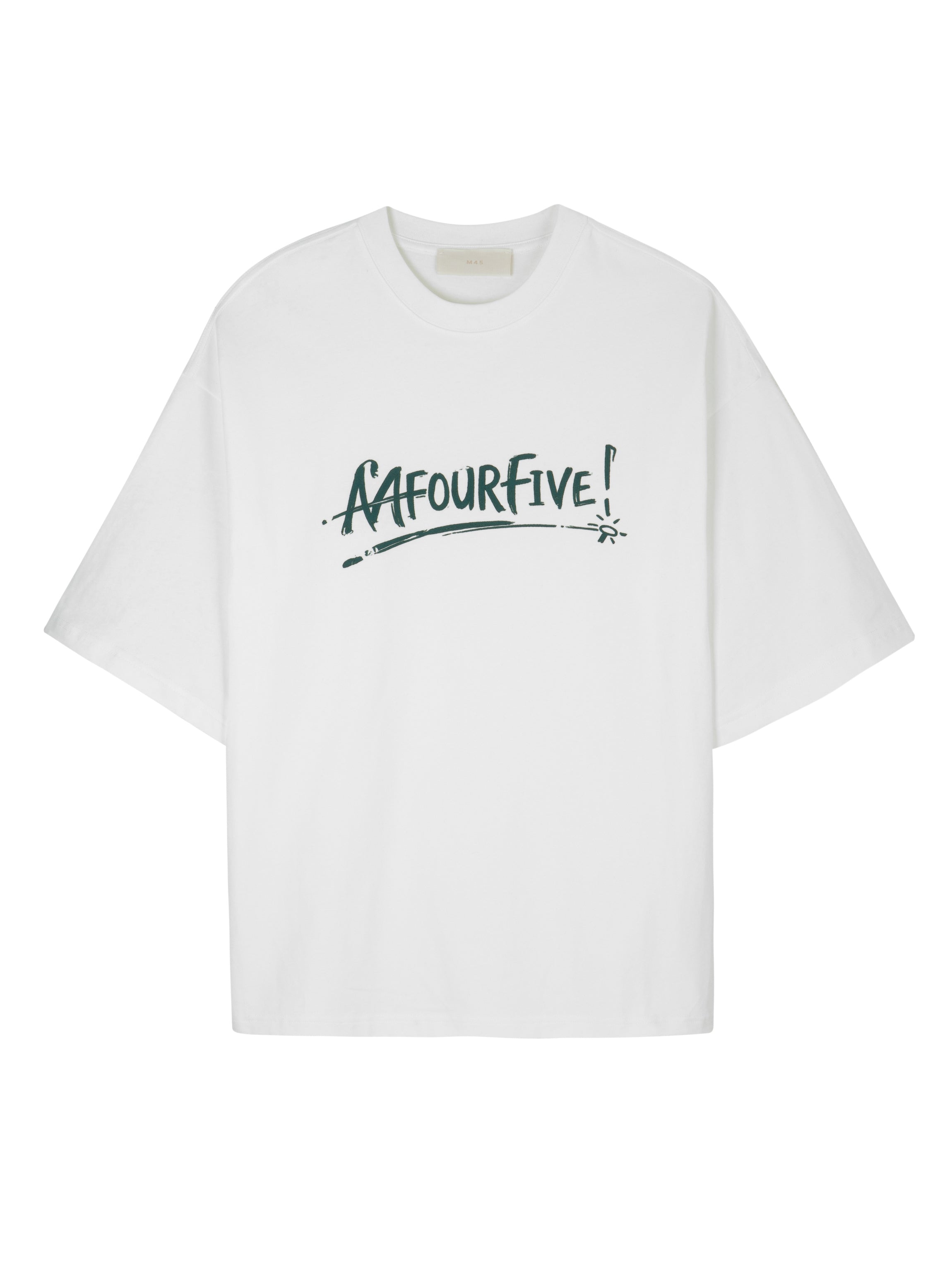Front view of a white Mfourfive oversized t-shirt featuring a dark green graffiti-style script logo printed across the center chest.