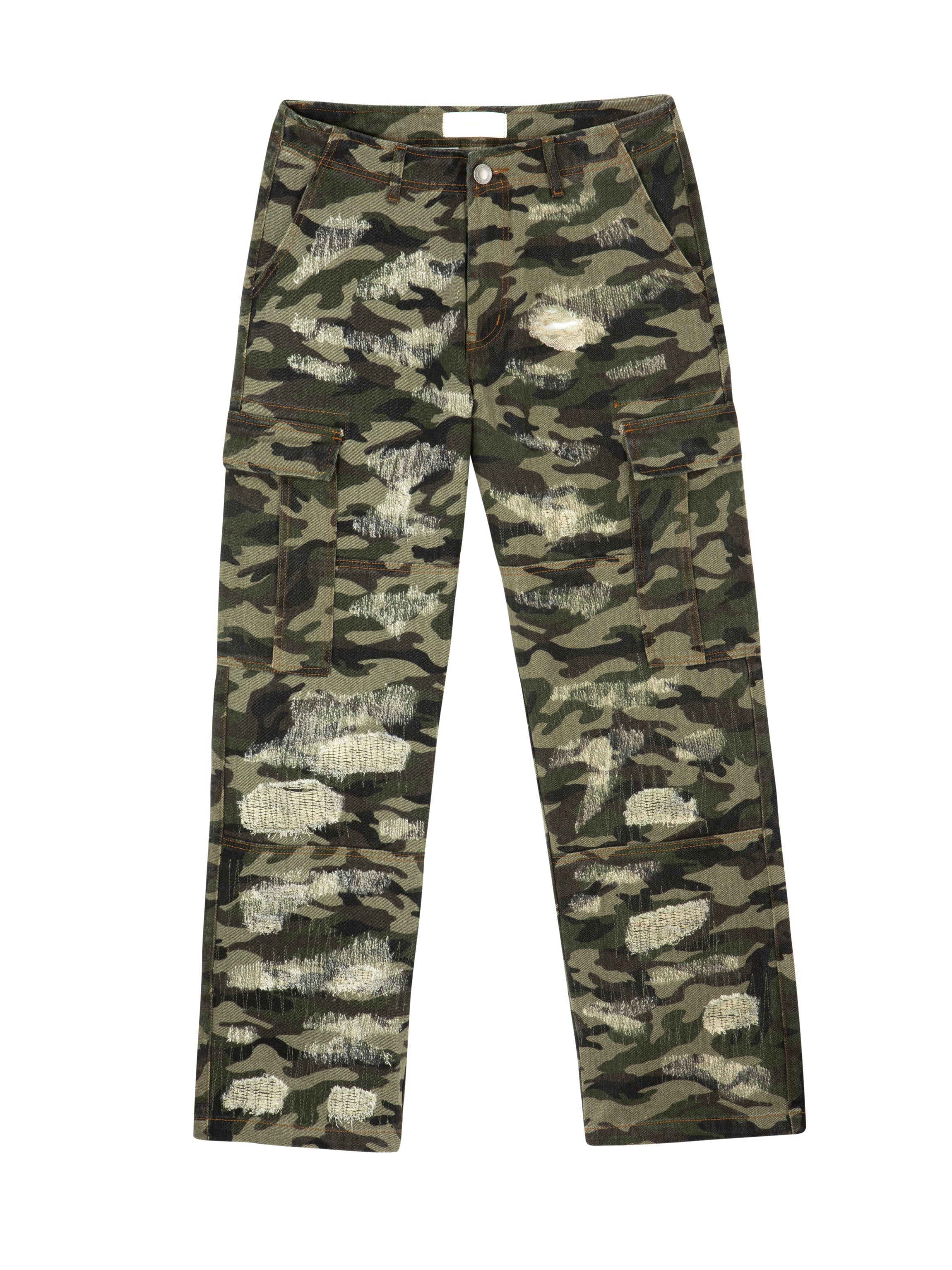 Front view of Mfourfive camouflage cargo pants featuring heavy exposed-thread distressing across both legs and utility pockets.