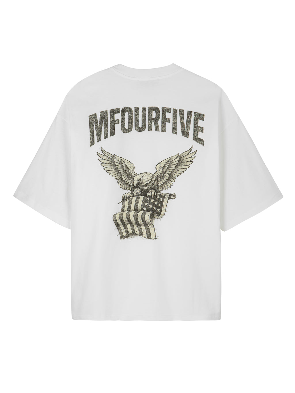 Back view of a white Mfourfive oversized t-shirt displaying a large, bold vintage eagle and flag graphic across the back.