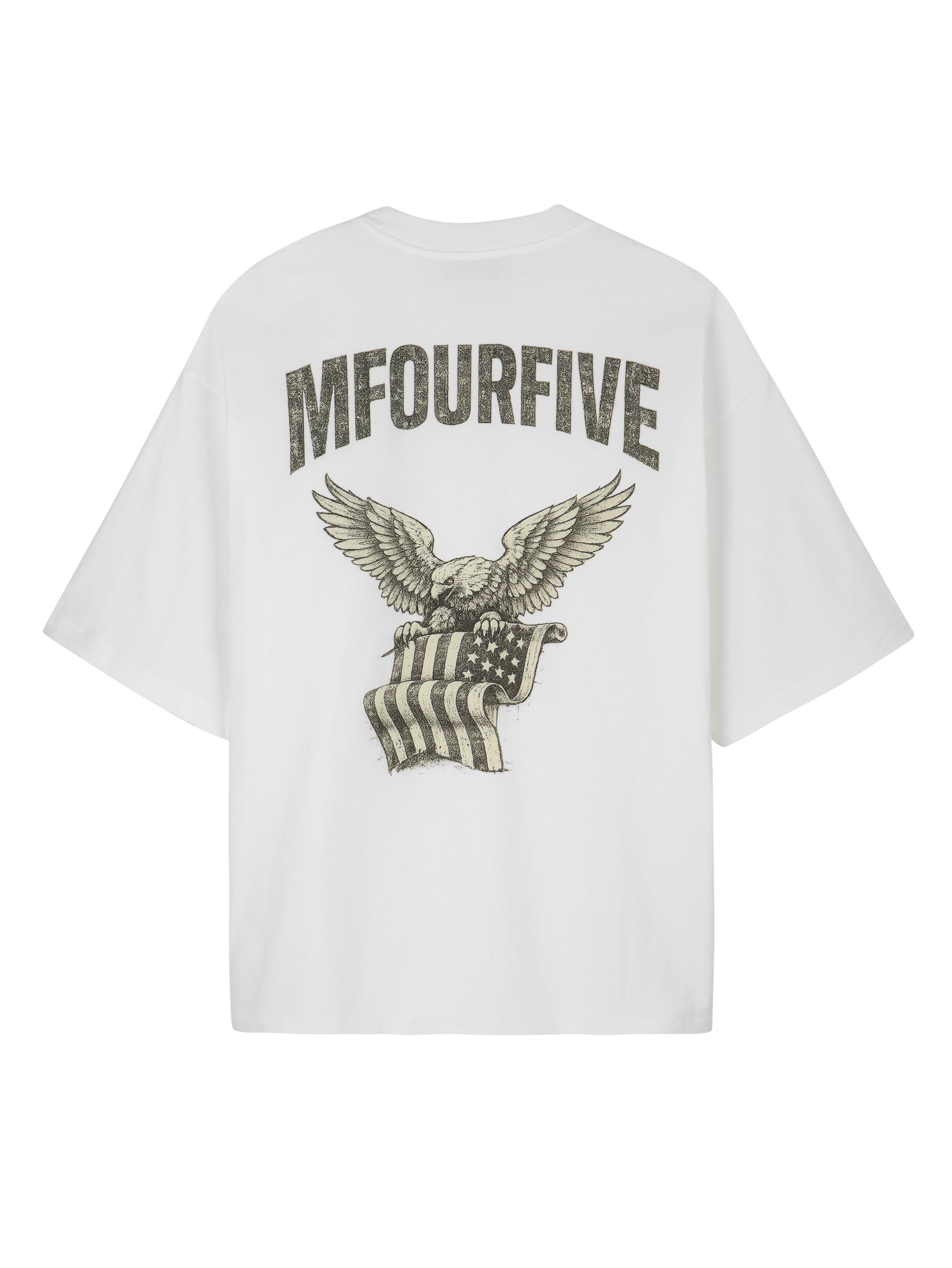 Back view of a white Mfourfive oversized t-shirt displaying a large, bold vintage eagle and flag graphic across the back.