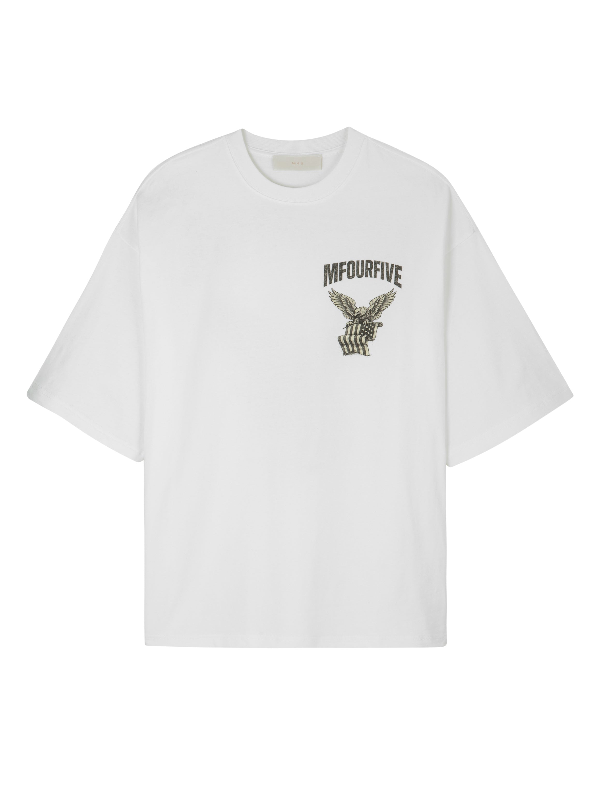 Front view of a white Mfourfive oversized t-shirt featuring a small vintage eagle and flag graphic on the left chest.