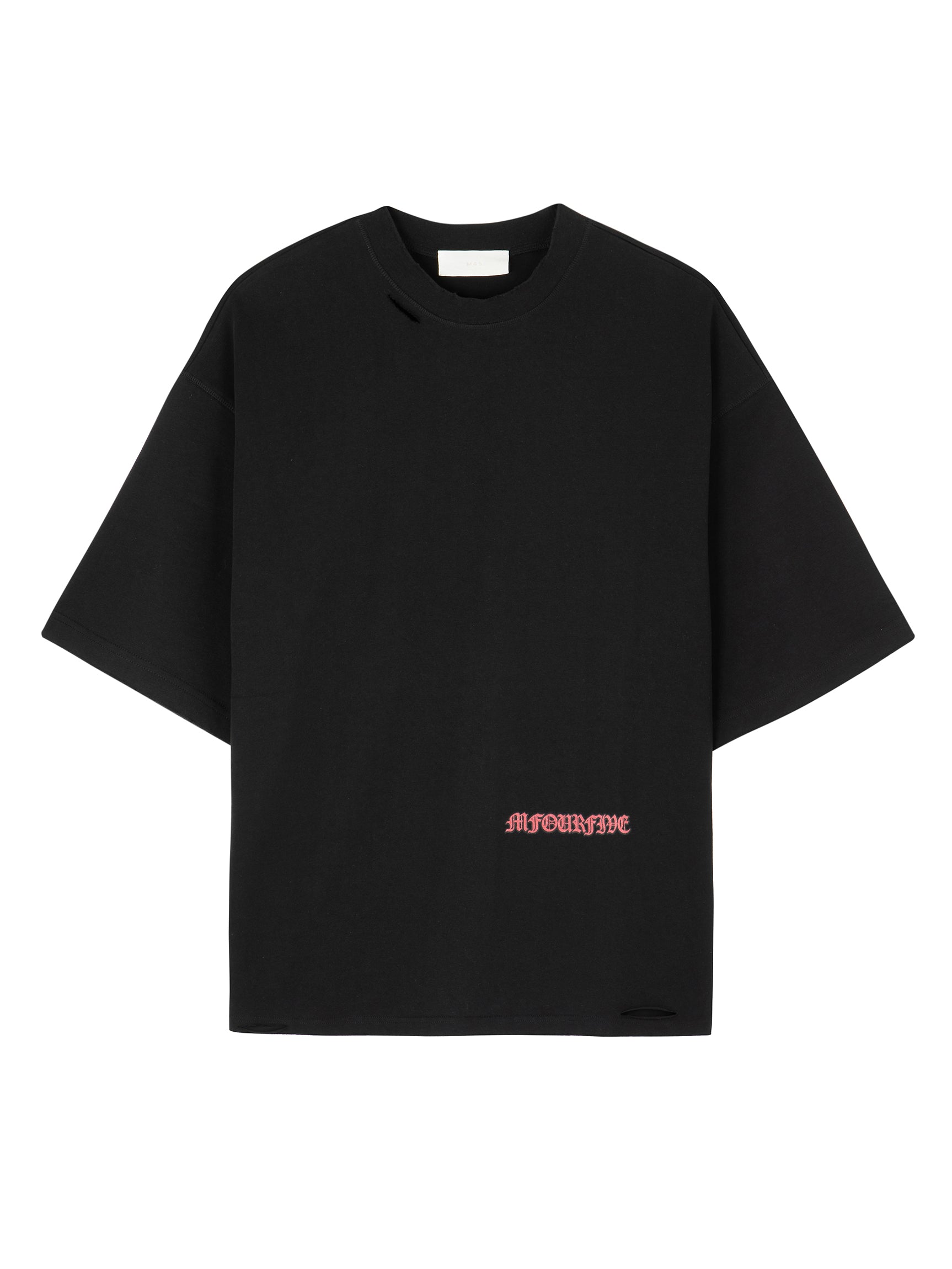 Front view of a black Mfourfive oversized t-shirt with distressed holes at the collar and bottom hem, featuring an offset red gothic Mfourfive logo printed on the lower side.