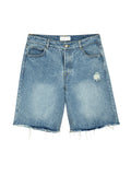 Front view of light wash Mfourfive denim jorts with a raw cut-off hem and subtle distressed detailing on the left leg.