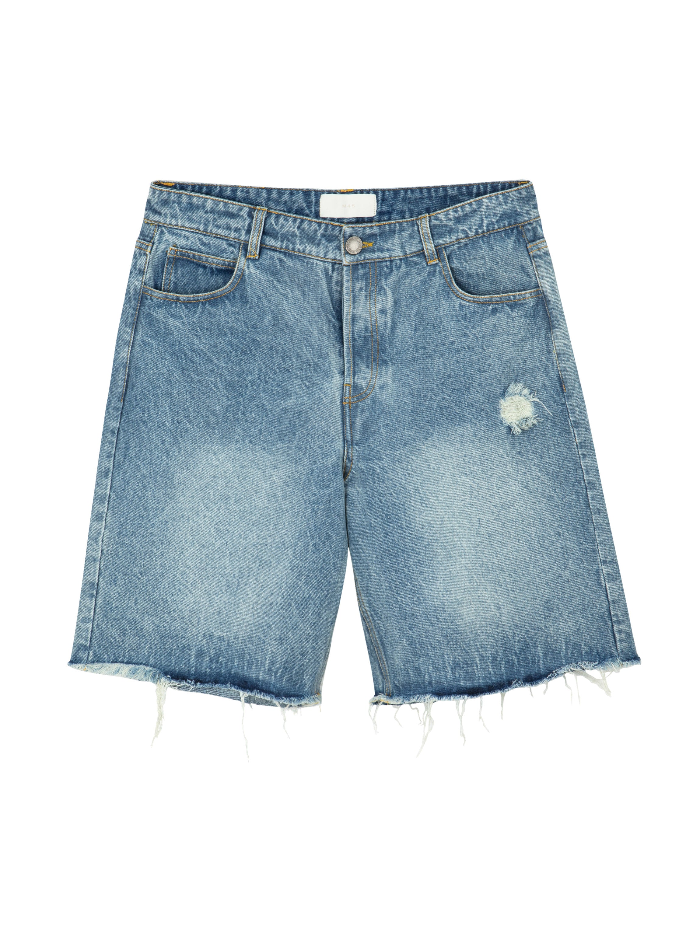 Front view of light wash Mfourfive denim jorts with a raw cut-off hem and subtle distressed detailing on the left leg.