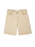 Front view of sand beige Mfourfive denim jorts featuring a raw frayed hem and a small distressed patch on the left thigh.