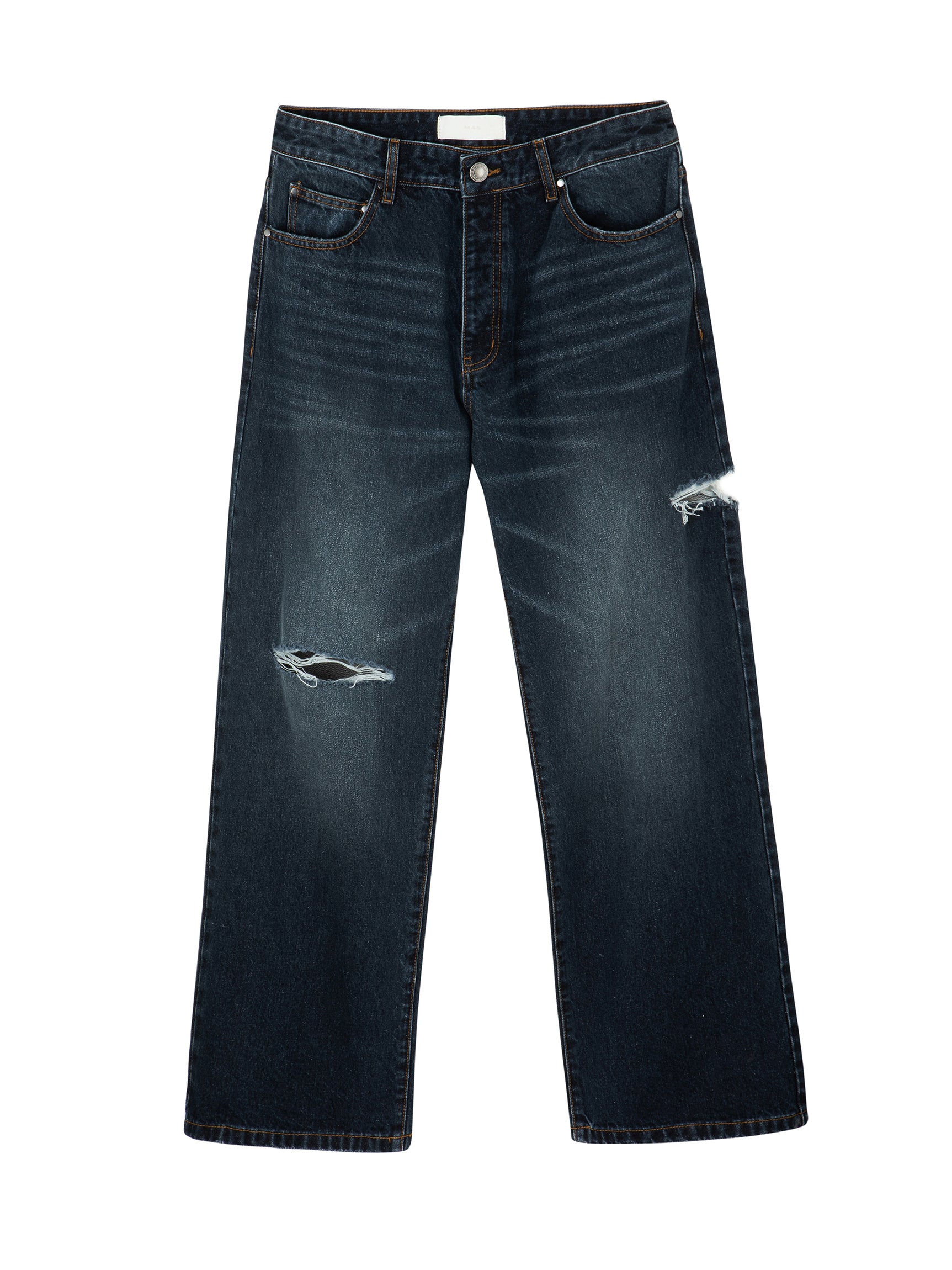 Front view of dark indigo wash Mfourfive relaxed straight-leg jeans featuring a distressed knee and a signature side slit on the left outer thigh.