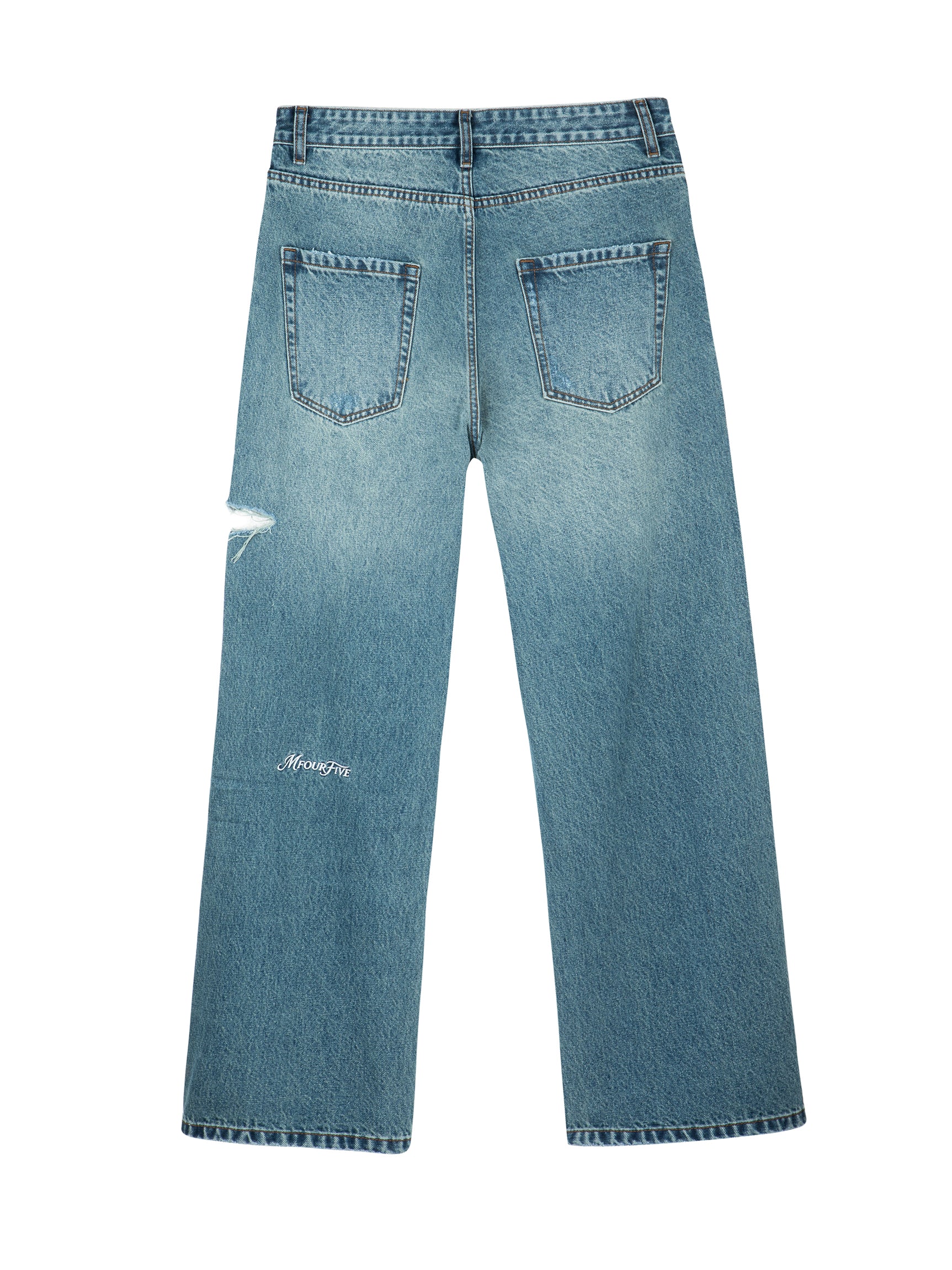 Back view of light wash Mfourfive relaxed jeans showing classic back pockets and a small white embroidered logo on the lower left leg.