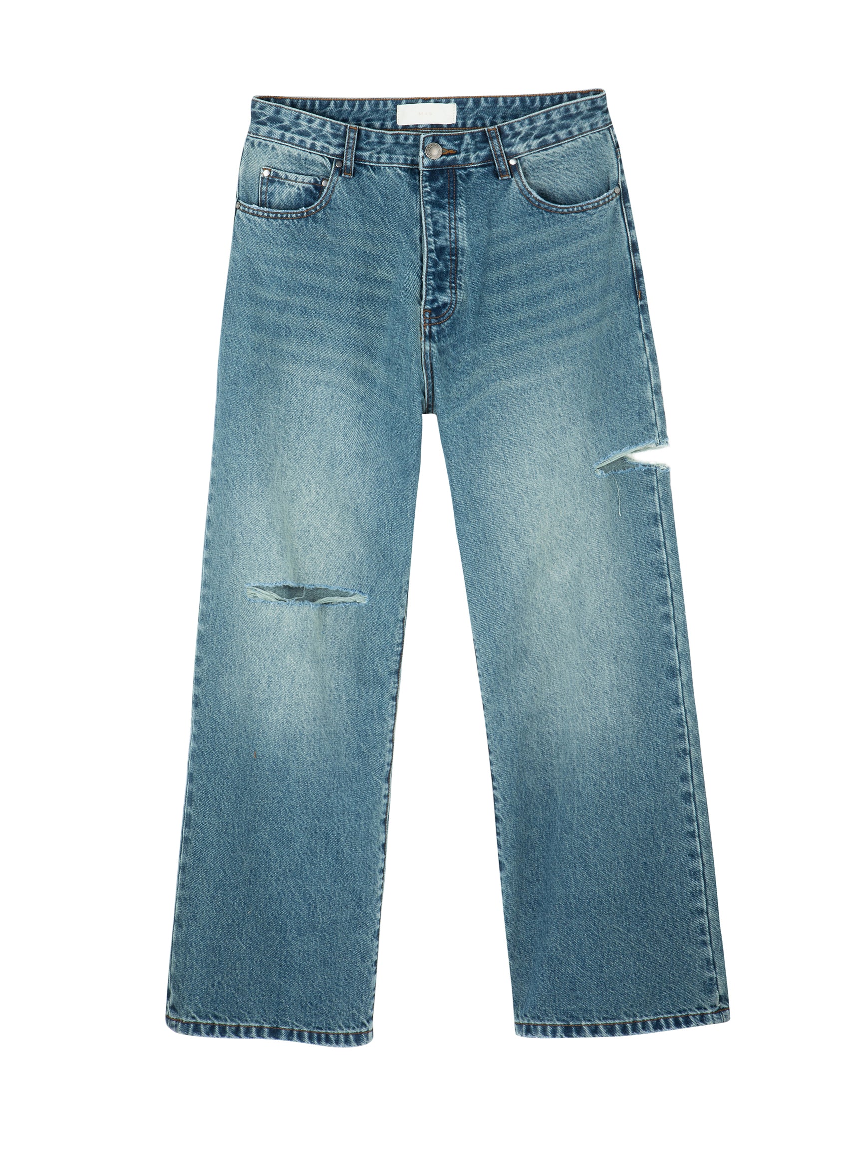 Front view of light wash Mfourfive relaxed straight-leg jeans with a distressed knee and a unique side slit on the left outer thigh.
