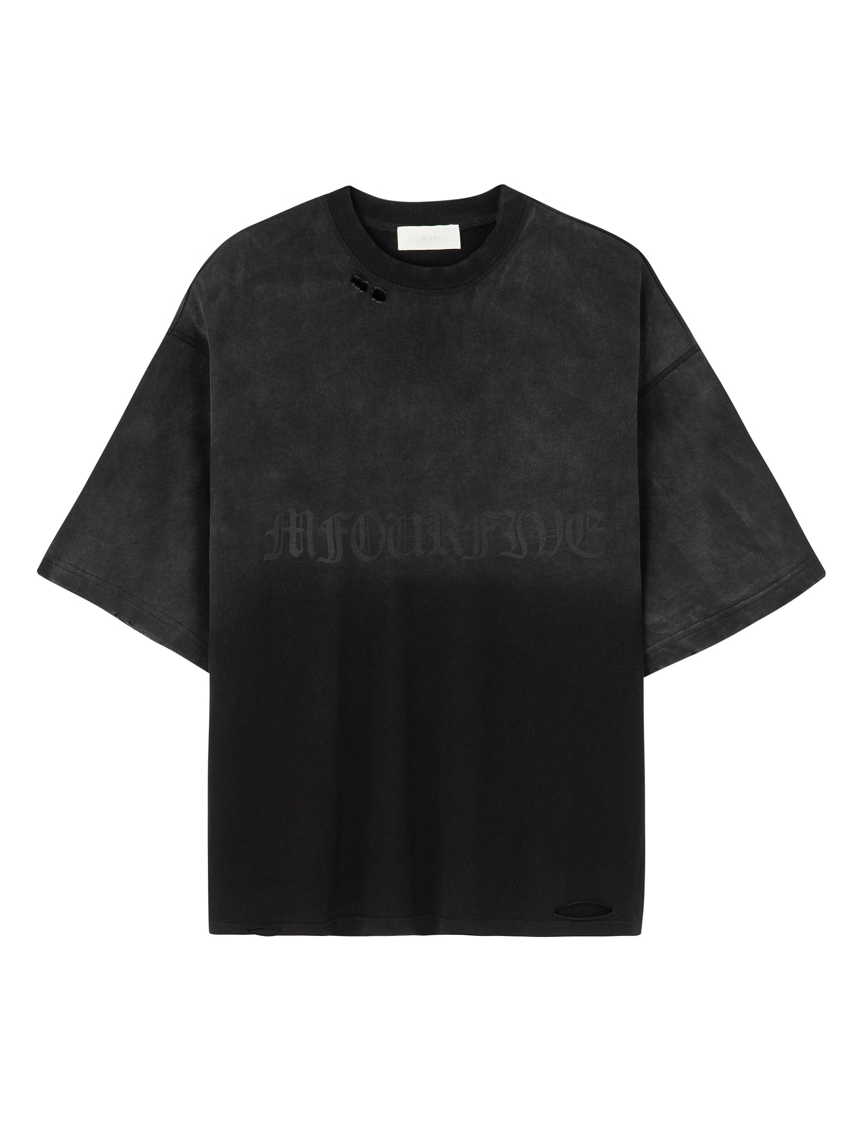 Front view of a washed black Mfourfive oversized t-shirt featuring distressed holes at the collar and bottom hem, with a subtle tonal black gothic logo printed across the center chest.