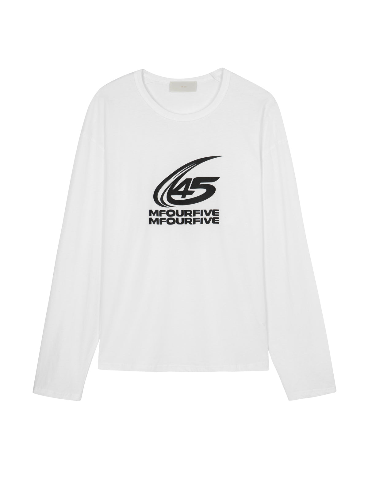 Men's white long-sleeve crewneck t-shirt with black chest logo graphic
